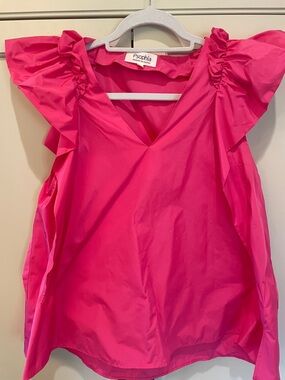 Psophia Pink Ruffle Cap Sleeve V-Neck Blouse, Size L